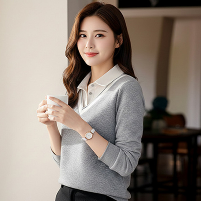 데일로엔 여성 셔츠 레이어드 브이넥 스웨트 긴팔 티셔츠