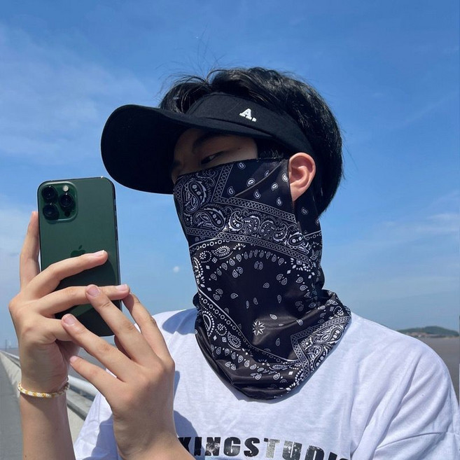 面罩 頭套 夏季全臉防曬面罩 戶外騎行冰絲面紗薄款速幹透氣護臉護頸面巾, 腰果黑, 1個