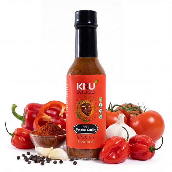 KRU 마일드 핫소스 식물성 글루텐 프리 친화적 스모키 마늘 맛 - 마리네이드 치킨 타코 피자에 완벽 프리미엄 품질 재료 5온스, Fiery, 1