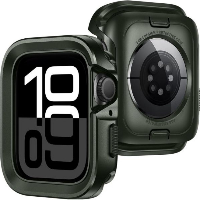 애플워치 케이스 호환 범퍼 투명 Apple Watch 울트라 3/2/1 49mm 2 in 1 견고한 보호 실리콘 커버 iWatch 49mm 블랙 와 호환되는 메탈, 46MM(Series10), Army Green