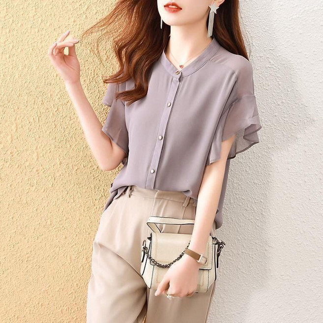 ROYALBELLE 여성 우아한 날개 소매 반팔 고급스러운 페미닌 패션 쉬폰 블라우스 K022601