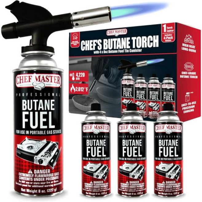 셰프 토치 키친 쿠킹 리필 가능한 부탄 토치 라이터 시어링 스테이크 크림 브륄레 디저트 바비큐 베이킹 마스터 90014(부탄 제외)의 크래프트를 위한 조절 불꽃 포, Torch & Fuel Combo