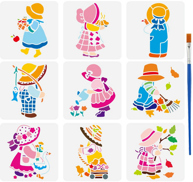 PET 스텐실 템플릿 세트 다양한 패턴 디자인 셀프 앨범 사진 벽화 드로잉 150x150mm 붓 포함, 사람2