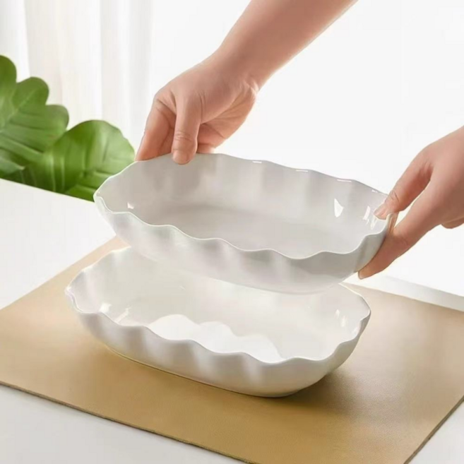 북유럽 직사각 접시 레이스 접시 사각 디저트 접시 세트27cm [생일 선물], 화이트, 단품, 2개