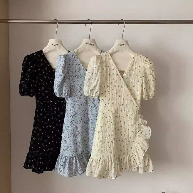 플라워 스커트 벌룬 원피스 여름 브이넥 스커트 A라인 날씬해보이는 퍼프소매 원피스