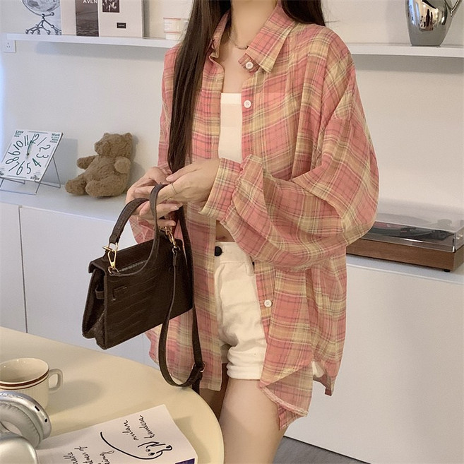 나열샵 NQ-460 여성 체크 루즈핏 자외선 차단 얇은 쉬폰 셔츠