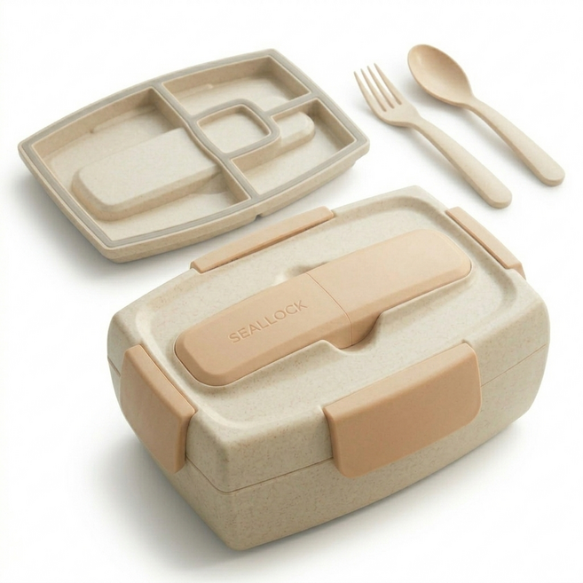 프레미랩 넘치지 않는 밀폐 밀짚 도시락통 세트, 1개, 베이지