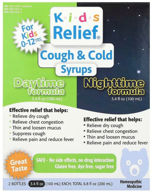 Homeolab USA Kids Relief® 기침 및 감기 시럽 주간 및 야간 포뮬라 만 0~12세 젖병 2개 각 100ml(3.4fl oz) HMB-61050, 100ml - 쿠팡
