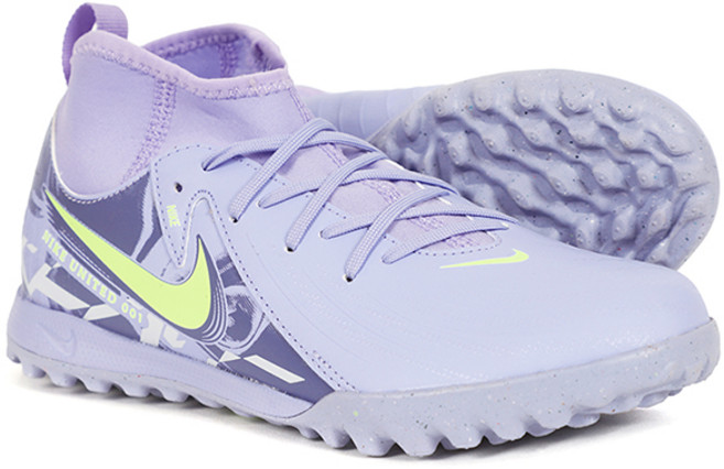 나이키 주니어 축구화 풋살화 팬텀 루나 2 아카데미 NU1 TF 인조잔디 및 맨땅용 퍼플-옐로우 로고