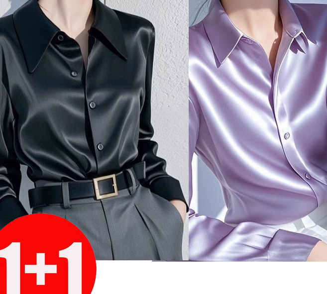 지고다그 1+1 여성 새틴 실크 블라우스 긴팔 광택 셔츠 우아한 오피스룩 SX68461