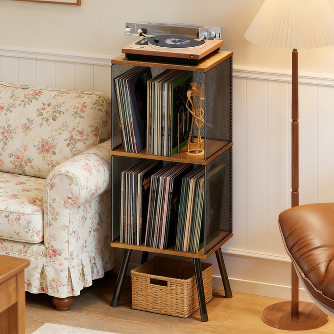 Kismetic 원목 LP 보관함 레코드 플레이어 스탠드 수납장 다용도 캐비닛 책 잡지 앨범 정리함, 다크브라운, 1개