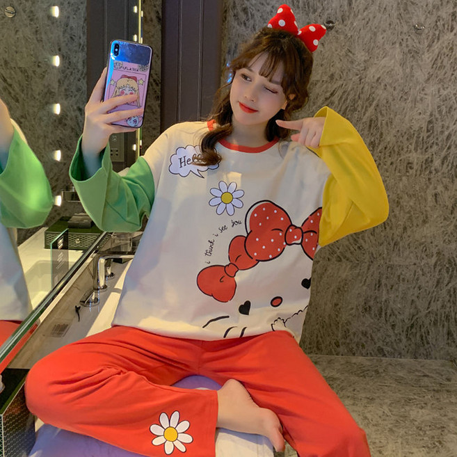 YAPOGI 2022 봄과 가을 새로운 순수 코튼 만화 달콤한 귀여운 라운드 넥 여성 긴 소매 바지 잠옷 정장 YAPOGI