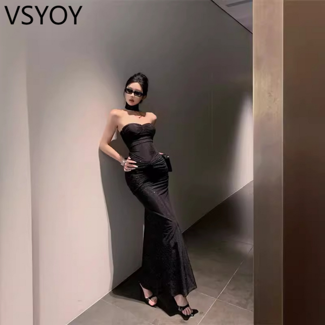 vsyoy 얇은 반짝이 백리스 스트랩리스 원피스 여성의 여름 꽉 주름 피쉬 테일 스커트 민소매 허리 긴 스커트