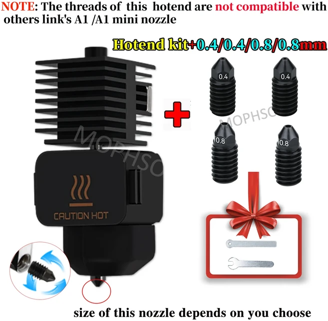 Bambu lab A1 미니 핫 엔드 키트 경화 강철 노즐 3D 프린터 액세서리 용 0.2 0.4 0.6 0.8mm, 10 Hotend-BK4488, 02 0.4mm