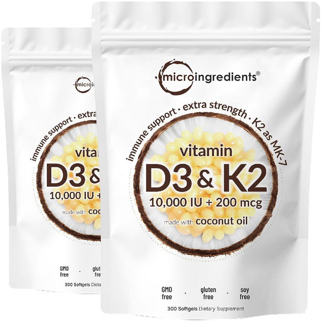 Micro Ingredients 비타민 D3 5000 IU K2 함유 100 mcg 300 소프트젤, 10 000IU 코코넛 오일 소프트젤, 300정
