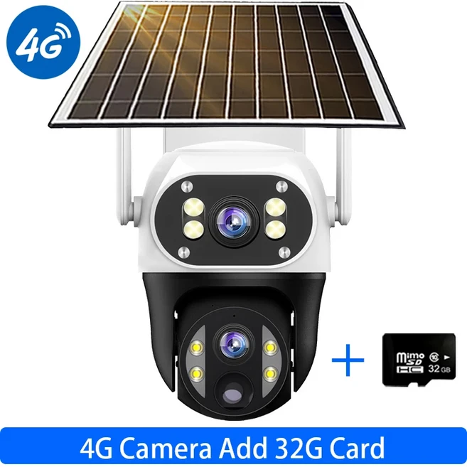 4G 태양 광 카메라 무선 듀얼 렌즈 3 화면 12MP Wifi 보안 내장 배터리 IP66 방수 비디오 V380 모니터, 05 4G Cam Add 32G
