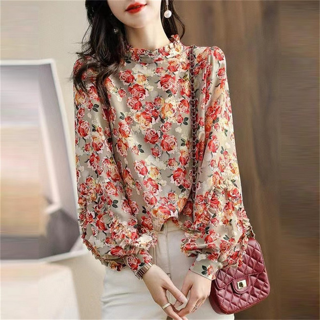 Vezri 40대 50대 중년여성 봄가을 꽃무늬 쉬폰 블라우스