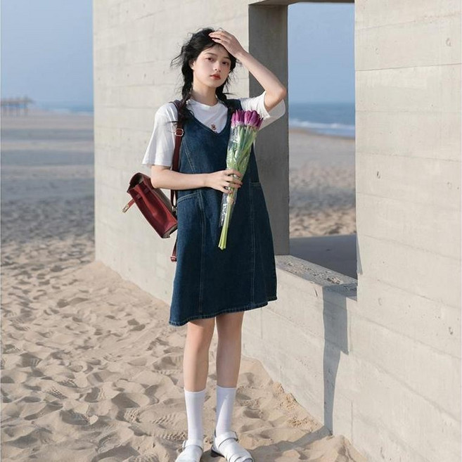 牛仔背帶連衣裙 女 夏季新款復古水洗裙子, 深藍色 0106,M, 深藍色