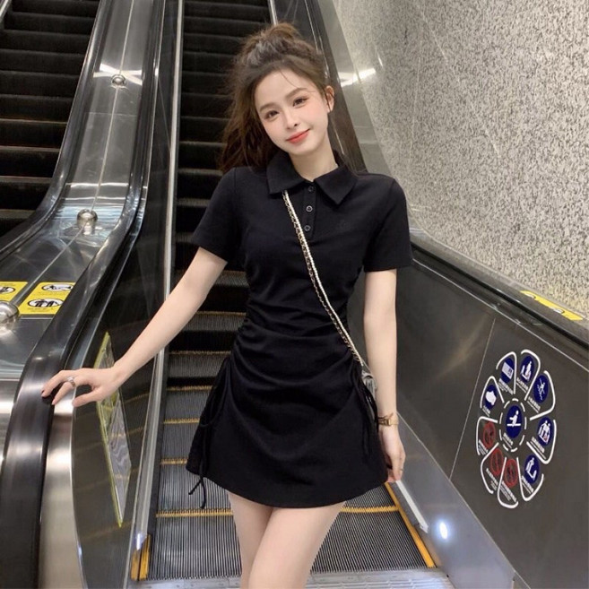 4위 - BROWMODA 여성 카라 반팔 셔츠 슬림원피스 셔링 캐주얼 미니 원피스