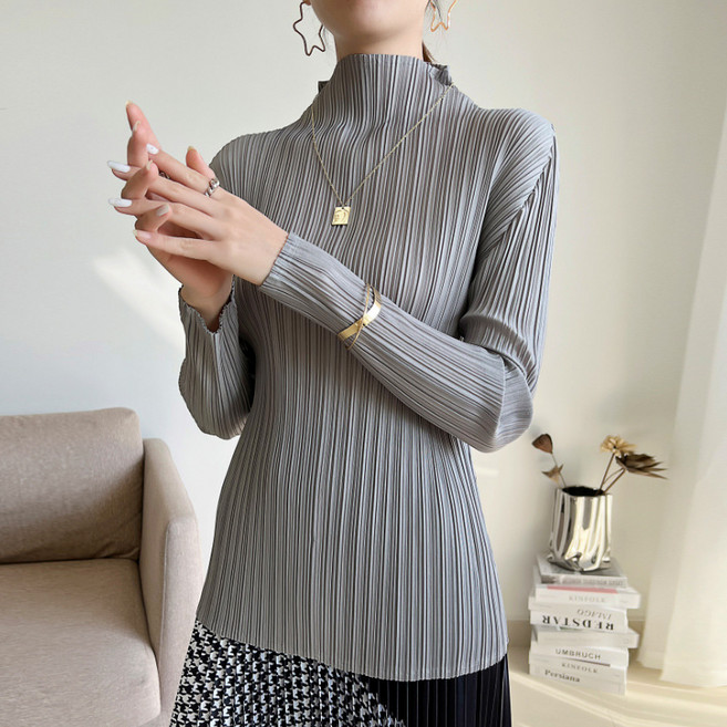 RCLET 여자 주름 긴팔 티셔츠 빅사이즈 오버핏 플리츠 긴팔 블라우스 여름 상의