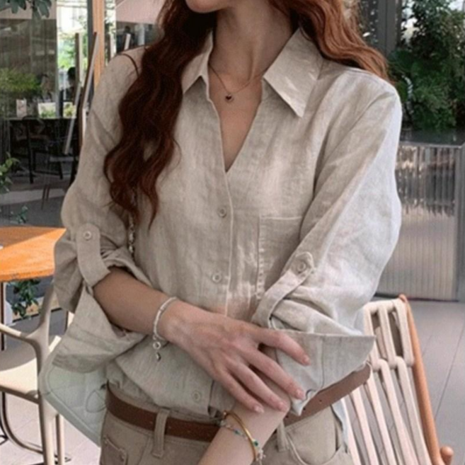 스타일닥터 여성 여름 린넨 셔츠 루즈핏 V넥 얇은 감성 디자인 면마 블라우스 자외선차단