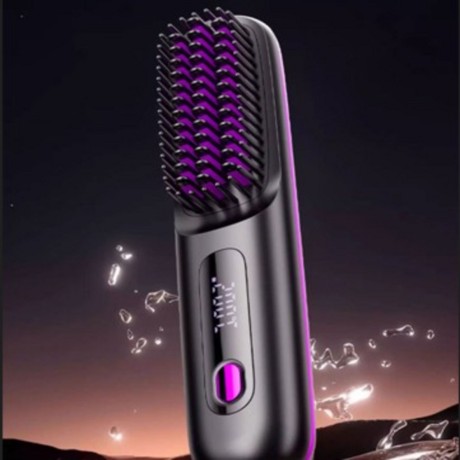 2in1 2억개 음이온 휴대용 무선 매직 브러시 고데기 케라틴 코팅빗 3단계 온도조절 저손상 스타일러, 1개, 블랙