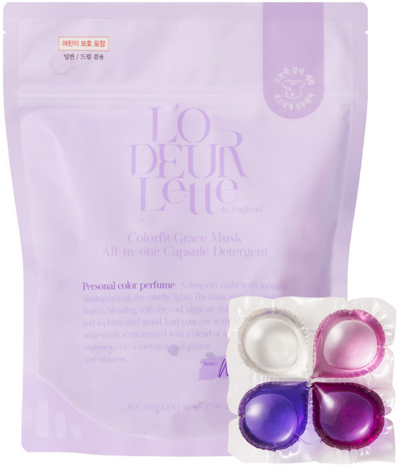 [유통기한 임박 특가] 로더렛 인 잉글랜드 컬러 핏 그레이스 머스크 올인원 퍼퓸 캡슐 세제 (유통기한 : 2026-07-04), 1개, 30개입