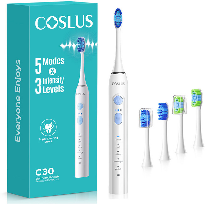 COSLUS 멀티모드음파 전동칫솔+4개 헤드, 1개, 화이트, C30 electric toothbrush