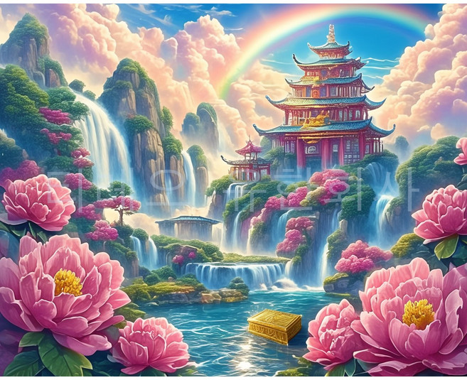 DIY 보석십자수 세트 40x50cm 돈들어오는 보석 비즈 십자수 대형 큐빅 십자수 DIY 비즈공예 (액자 없음), 1개, 폭포 모란 풍경화