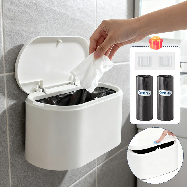 Flyaiku 원터치 미니 슬림 가정용 휴지통 주방 화장실 뚜껑형 쓰레기통 벽걸이형 겸용 탁상용, 화이트