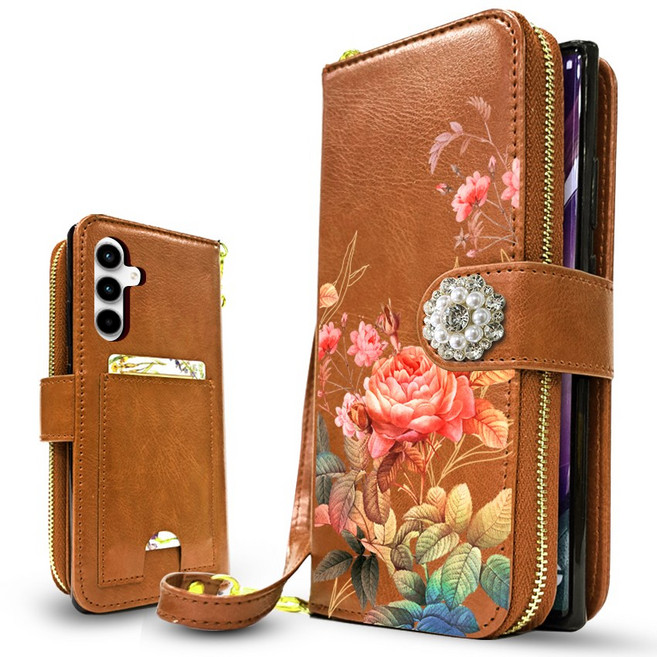 유미폰 레인보우 로즈 DIA 외부지퍼 포켓 지갑형 수납형 다이어리 내구성 좋은 다이어리 핸드폰 케이스 + 손목 줄 가죽 스트랩