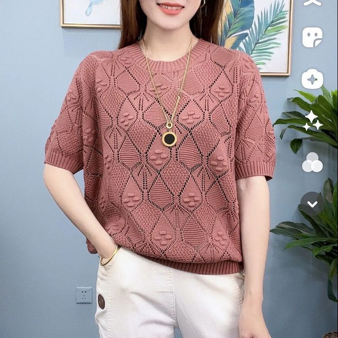 여름 중년 여성 라운드 반팔티 캐주얼 엄마 빅사이즈 얇은 메쉬 반팔 티셔츠 패션 여자 반팔 상의 YCY