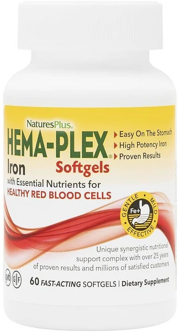 NaturesPlus Hema-Plex 아이언 - 빠르게 작용하는 소프트젤 60개 - 원소 철분 + 건강한 적혈구용 비타민 C 및 바이오 플라보노이드 85mg - 비건 글루텐, NaturesPlus Hema-Plex 아이언 - 빠르, 1, 60 - 쿠팡