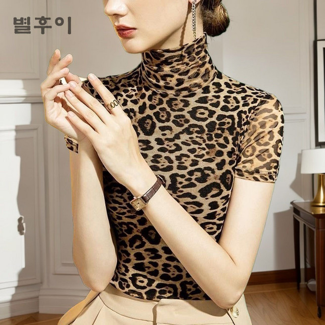 별후이 여성용 망사 호피 슬림핏 목폴라 스판 레오파드 반팔 티셔츠