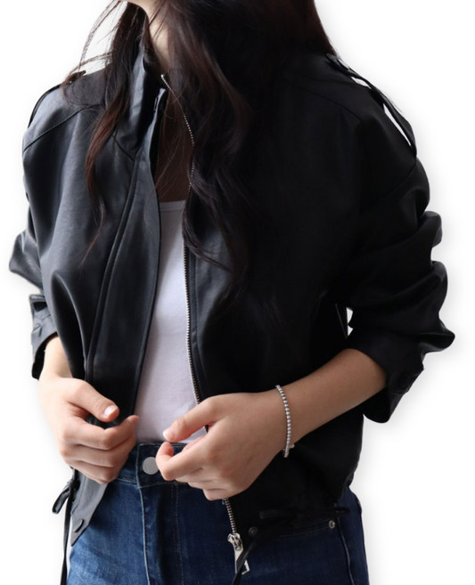 메리앤유 루즈핏 소프트 페이크 레더 블루종 하이넥 집업 라이더 자켓