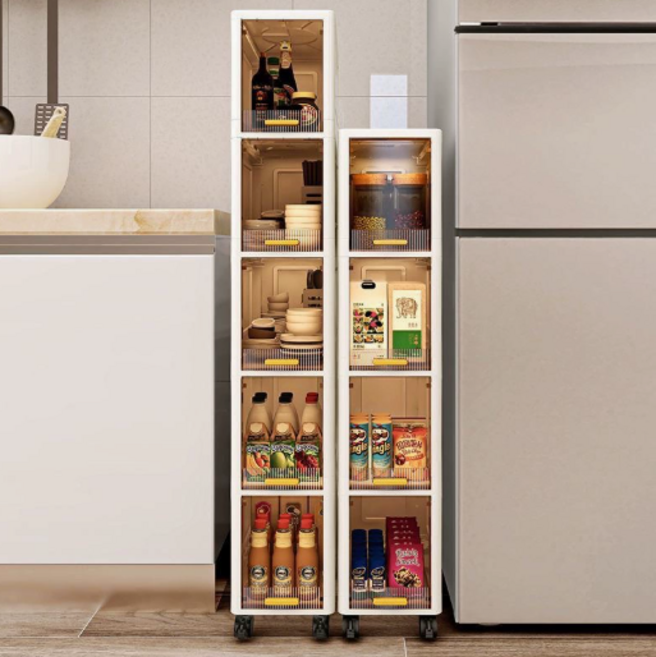 슬라이딩 틈새 수납장 다층 주방 냉장고옆 슬림 이동식 다용도 조립식 수납장, 화이트