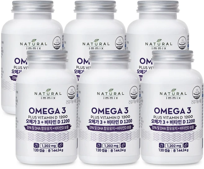 네추럴이믹스 오메가3 + 비타민D 1200 dha epa 120캡슐, 120정, 6개 - 쿠팡