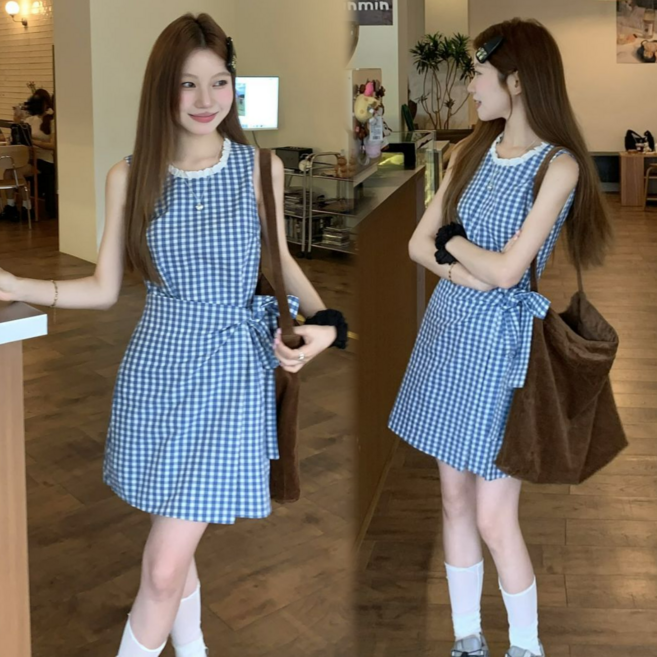 Asure 여자 체크 나시원피스 벨트 A라인 미니원피스