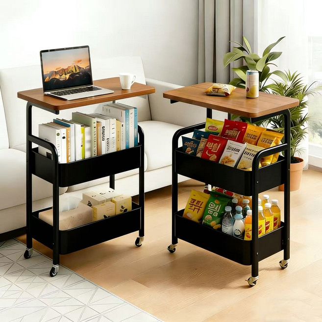 스타업 이동식 사이드 테이블 철제 선반 3단 트롤리 바퀴달린 이동식 테이블 보조테이블 침대 사이드 테이블, 블랙