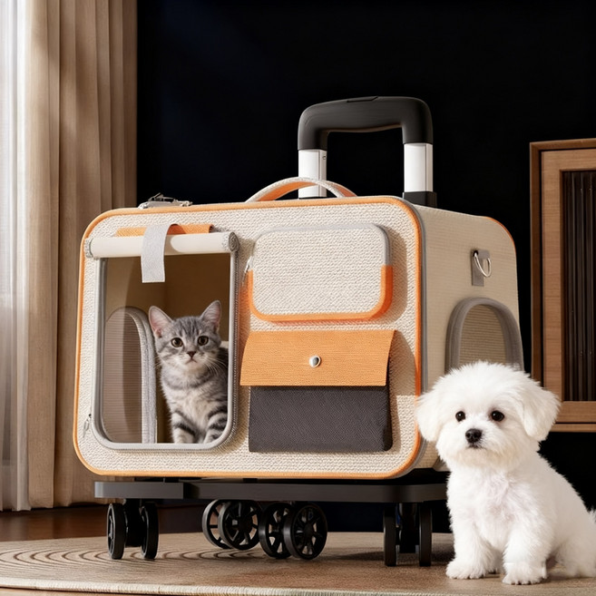 CYLIFE 반려동물 이동가방 투포켓 반려동물 이동장 휴대용 백팩+4륜 캐리어 이동장 유모차 개모차, 1개, 베이지
