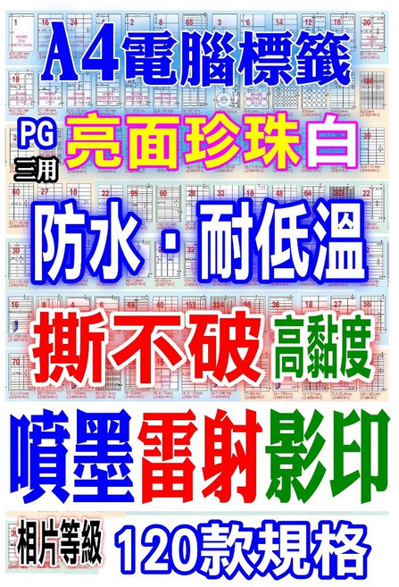 A4防水標籤貼紙 防水、高解析、噴墨雷射影印、120款規格, 1個, PG珠光防水三用高解析耐低溫標籤20全張