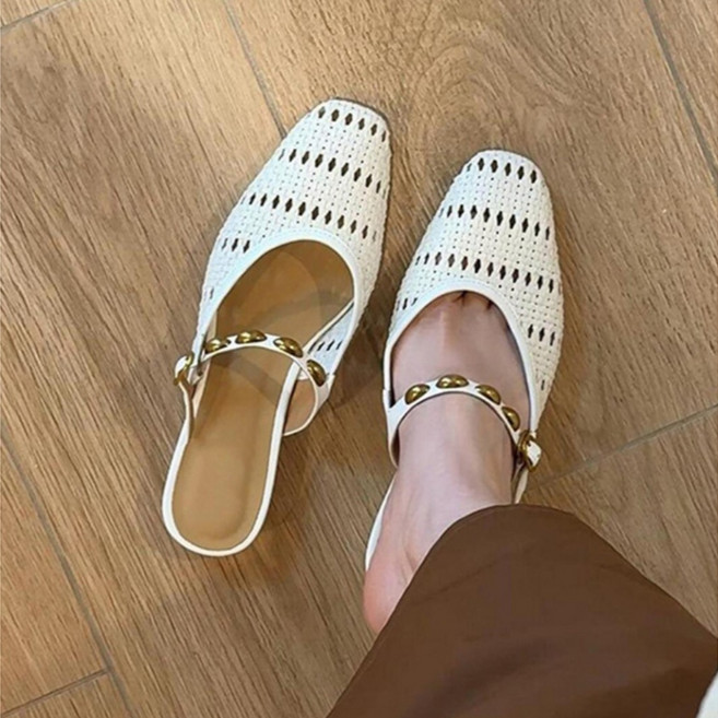 LUNATURE 여성 여름 슬리퍼형 샌들 편안한 린넨 펀칭 짜임