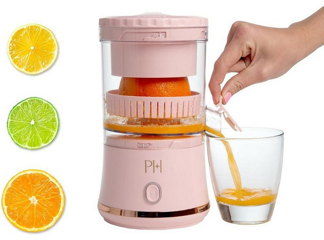 패리스 힐튼 일렉트릭 시트러스 주스기 USB 충전식 베이스가 있는 미니 휴대용 무선 원터치 버튼 컴팩트 레몬 라임 및 오렌지 핑크