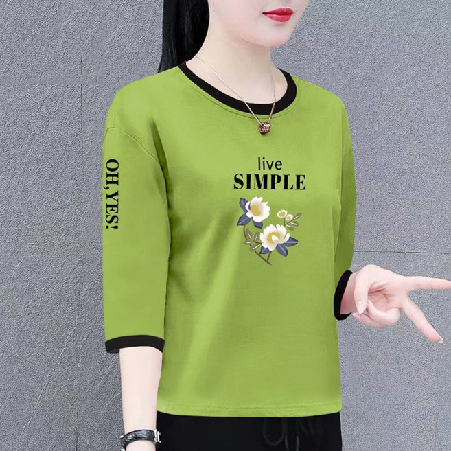 ROYALBELLE 여성 프린팅 라운드넥 순면 티셔츠 7부소매 루즈핏 중년여성 티셔츠 V033021