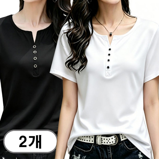 차쿠 1+1 여성 빅사이즈 브이넥 반팔티 브이넥 반팔 티셔츠