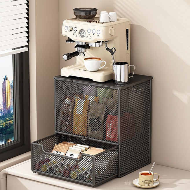 Alemon 철제 수납함 슬라이딩 커피머신 정수기 선반, 블랙