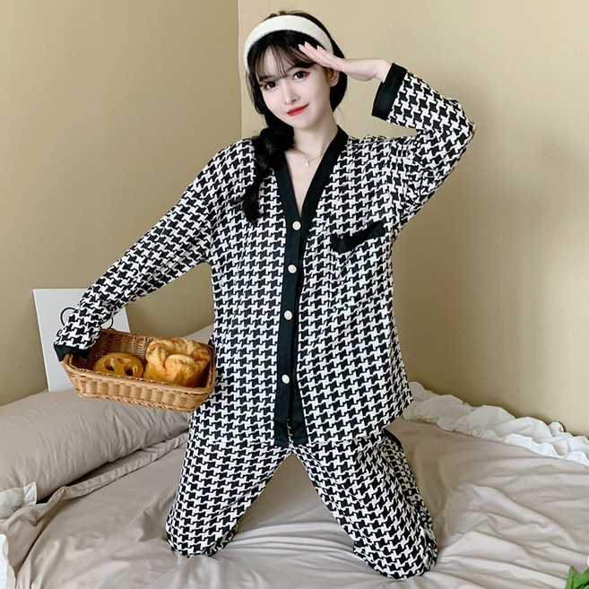 仿棉開衫V領家居服 甜美少女寬鬆日系可愛卡通睡衣
