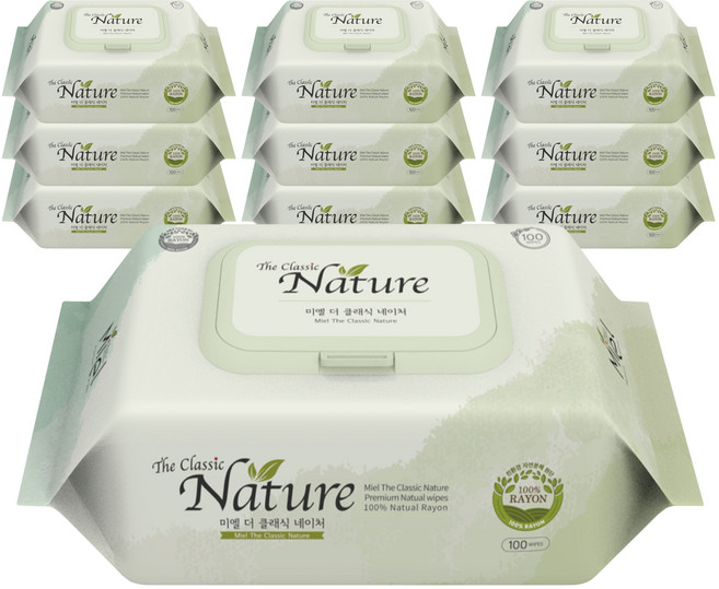 미엘 더 클래식 네이처 100매 10팩 생분해 물티슈 65평량, 10개