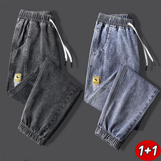 1+1 남자 배기 청바지 사계절용 워싱 9부 데님 밴딩 편한 조거 팬츠 빅사이즈