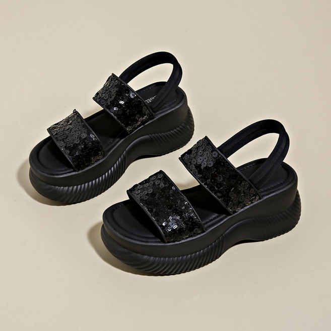 쌍천 통굽 샌들 여 여름용 반짝이 코디 캐주얼화 송편 일자 슬리퍼 로마 힐 Y25091603